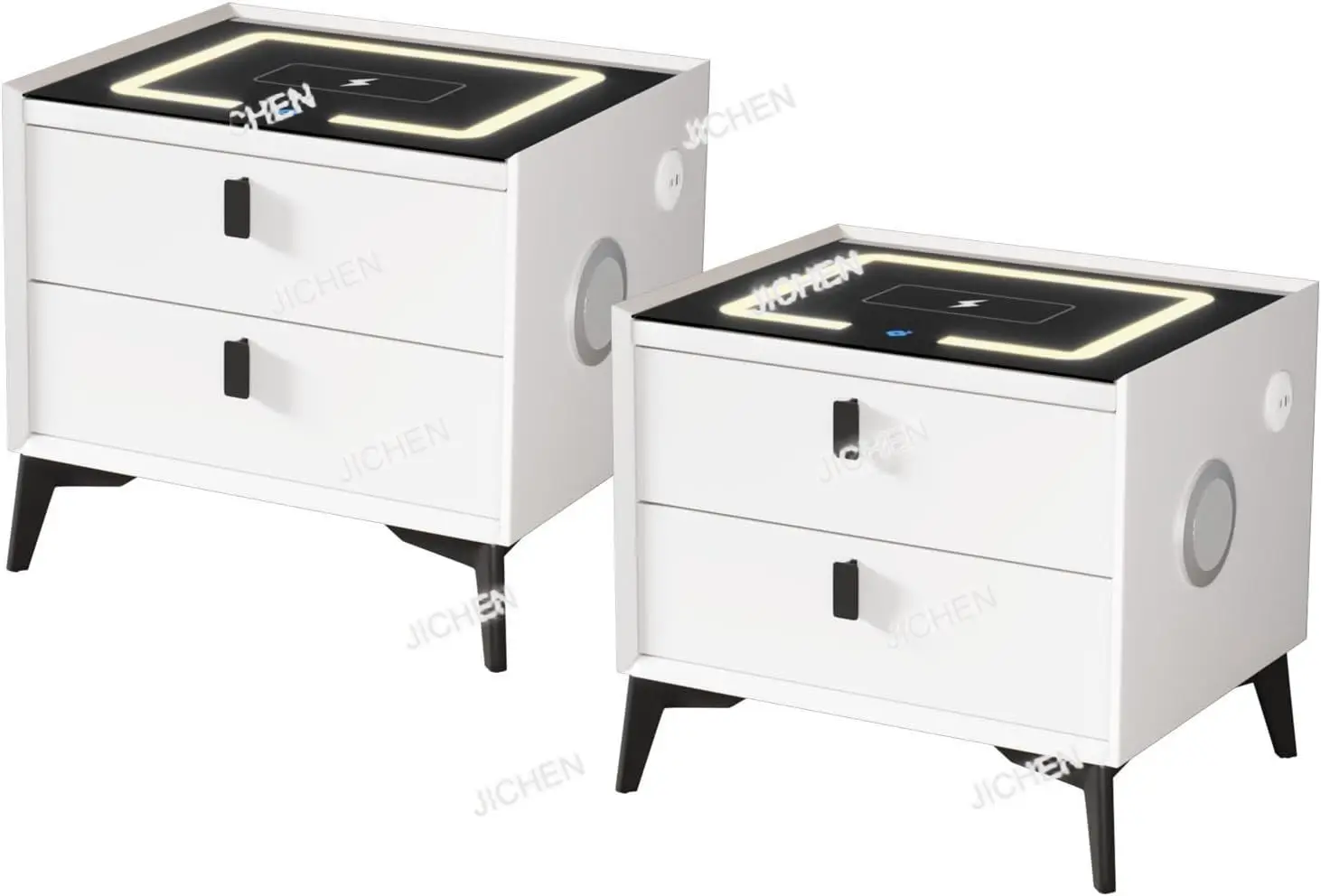 

JC Smart Bedside Table Set Of 2 With 2 Drawers, LED Nightstand With Wireless Charging & Bluetooth Speakers, Side Table For Bedro