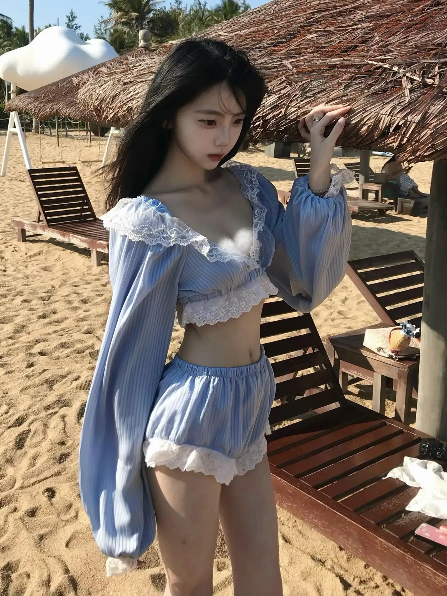 

Dopne New Premium Lace Long Sve Bikini Tee Piece Swimsuit Women's Holiday Sle Hot Spring Swimming Costume