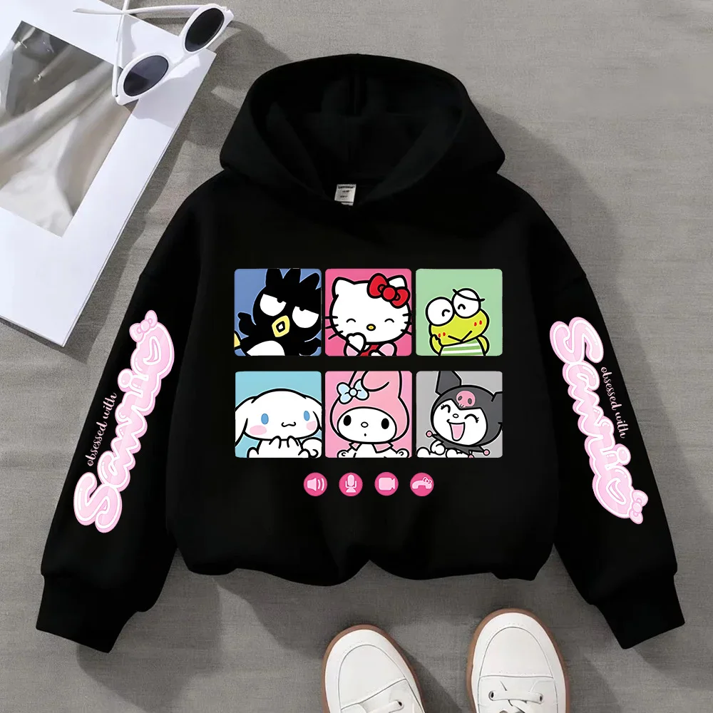 

2026 Autumn Winter Street Casual Hooded Sweatshirt Hello Kitty 3-14Y Boys Girls Cute Kawaii Cartoon Hot Fashion Outdoor Casual