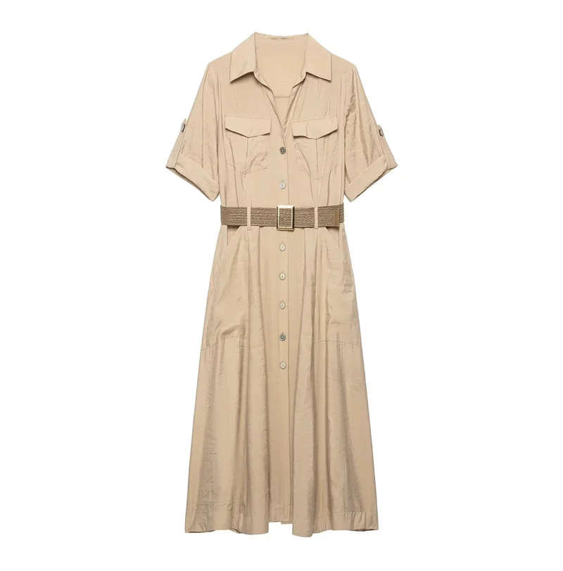 ZHIO Women's Dress 2026 Summer New Khaki Short-Sleeve Shirt Style Belted Long Dress Elegant and Stylish