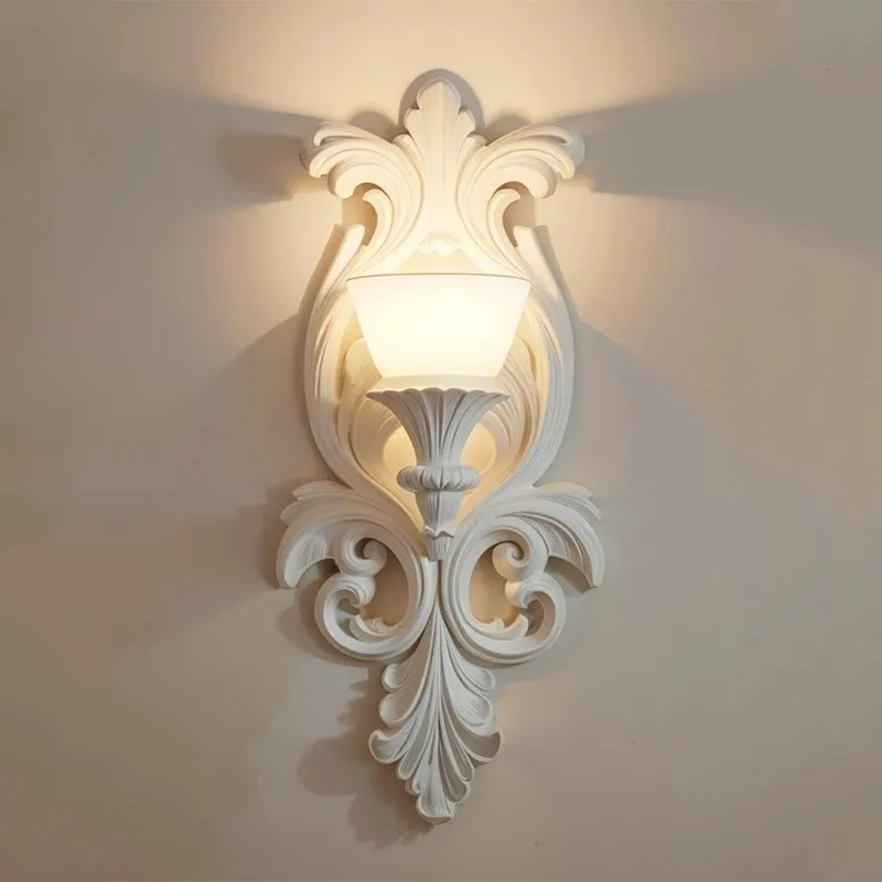 

French plaster wall lamp light luxury carved aisle lamp retro art cream wind bedroom bedside creative lamp