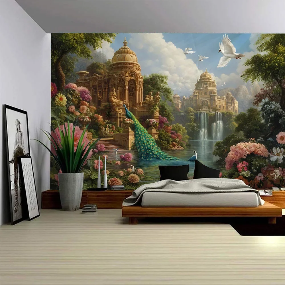 Flower and Bird Forest Tapestry Mural, Peacock Castle Retro Home Decoration Wall Hanging, Family Gathering Background Poster