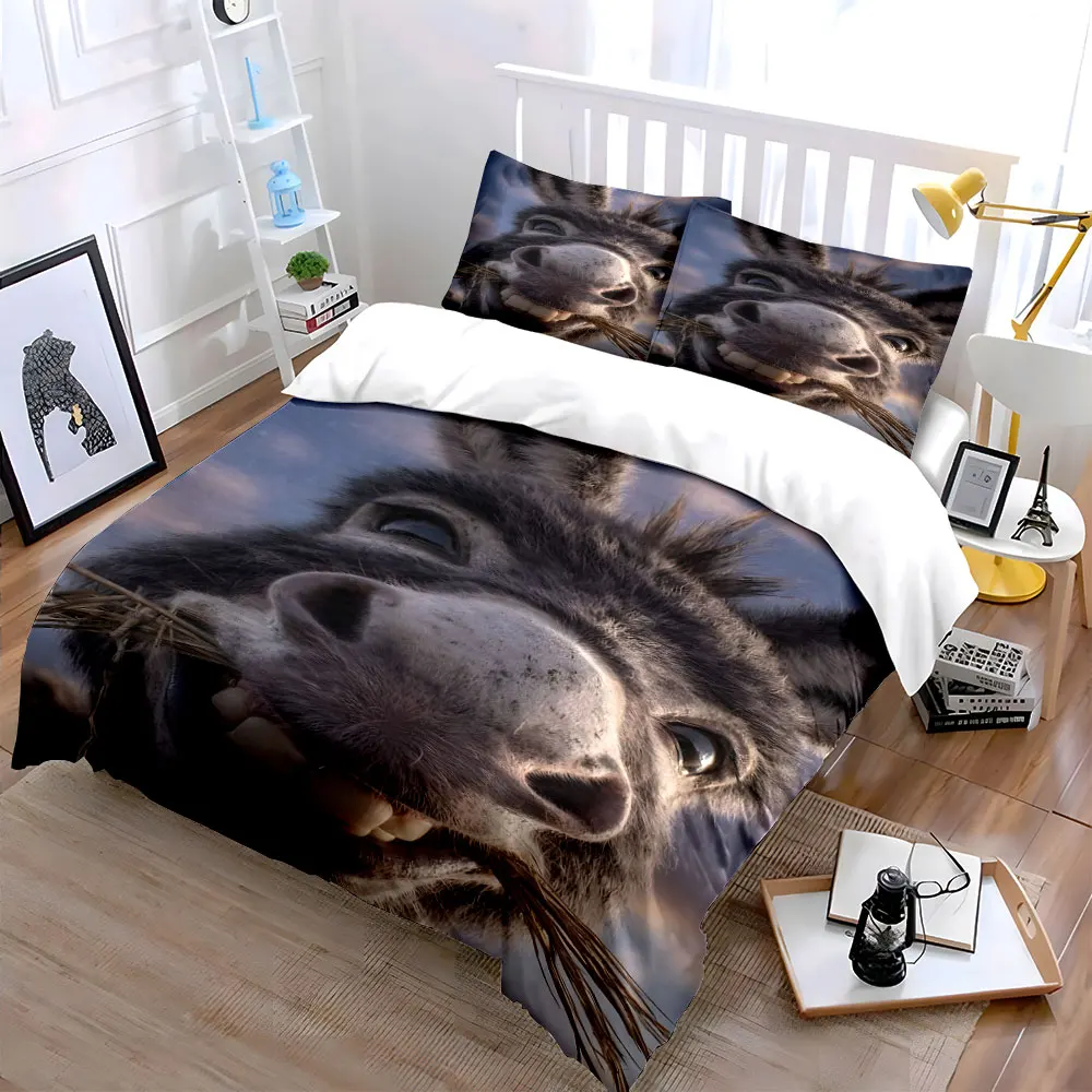 Close-up of donkey chewing hay Duvet Cover Set with 3D Printing Design Soft Polyester Bedding Set All-Season Comfort