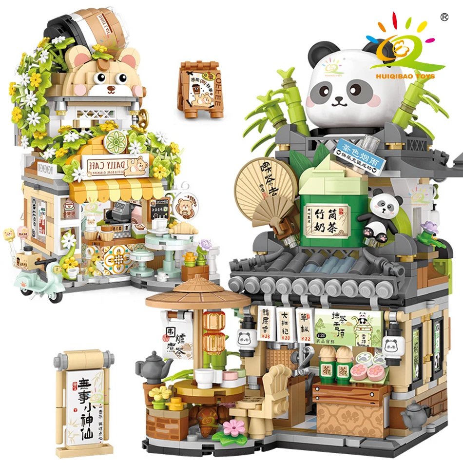 

HUIQIBAO City Mini Street View Panda Tea House Model Building Blocks DIY Little Bear Coffee Shop Bricks Toys for Children Adult