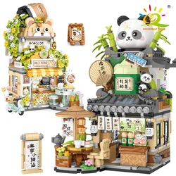 HUIQIBAO City Mini Street View Panda Tea House Model Building Blocks DIY Little Bear Coffee Shop Bricks Toys for Children Adult