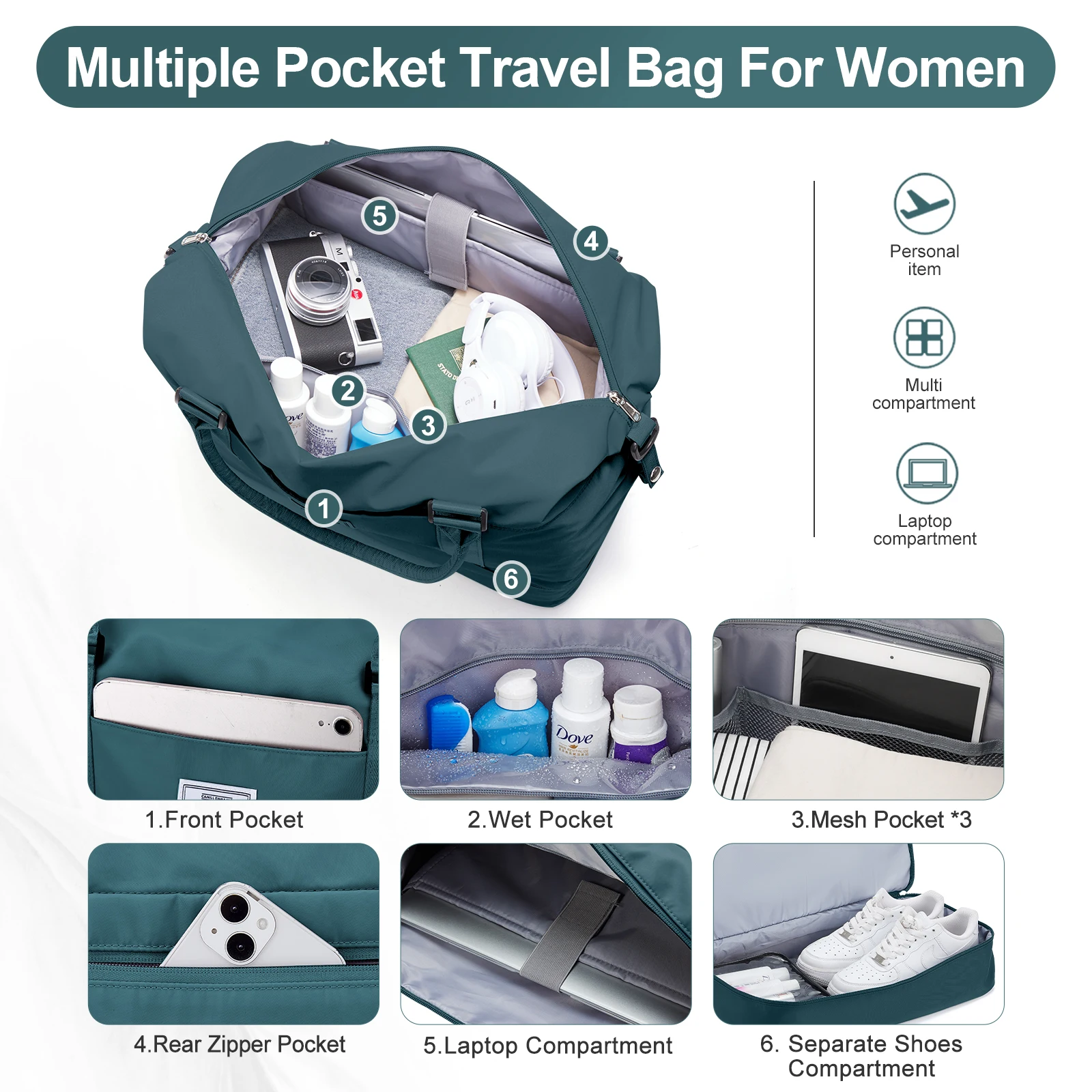 Mochila de viagem para mulheres Weekender sacos com compartimento de sapato Hospital grande continuar o saco durante a noite Saco de higiene pessoal da ginástica