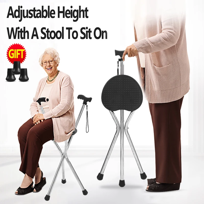 Telescopic Crutch Chair, Three-Legged Walking Stick, Folding Cane Stool, Multi-Functional Elderly Aid With Stability