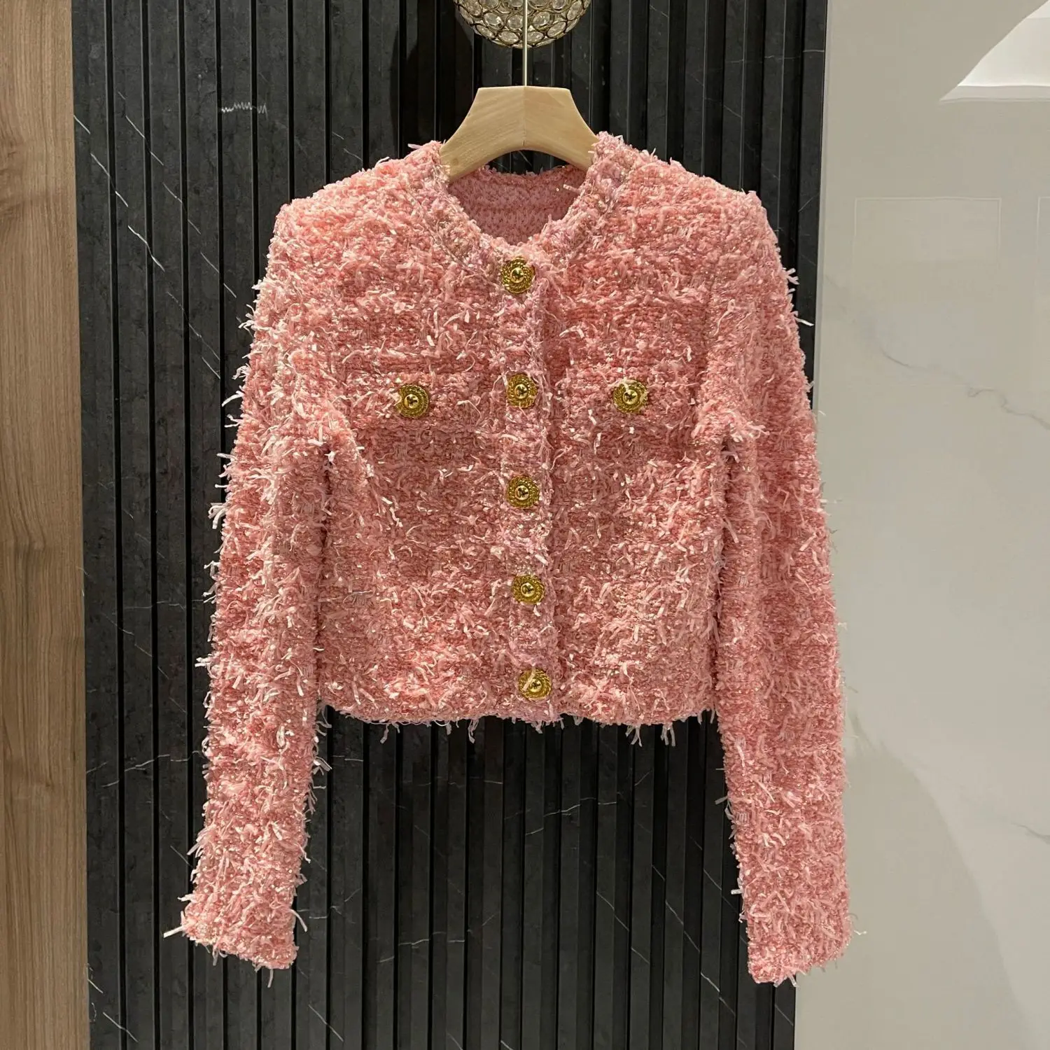 

​​Women's Boucle Short Jacket Heavy Duty Gold Buttons Shoulder Pads Slim Fit French Style Pink Spring Blazer Tops​​