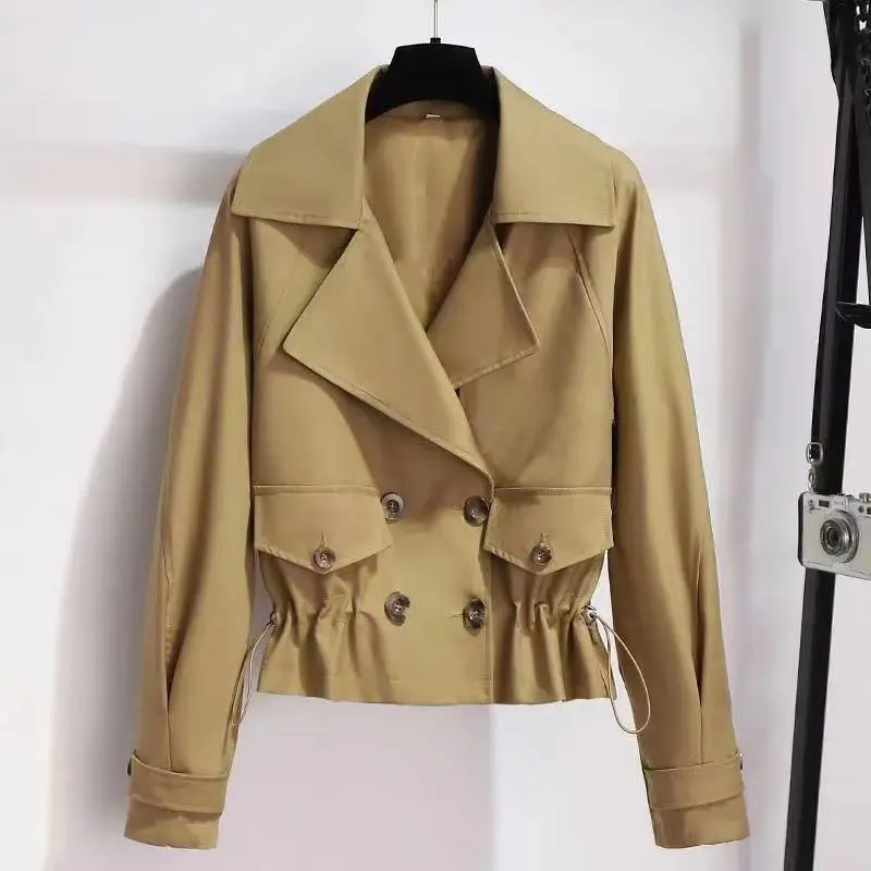 

Black Khaki Cropped Trench Coat Women Long Sleeves Double Breasted Jacket Korean Version Casual Loose Coats Top Female 2024 New