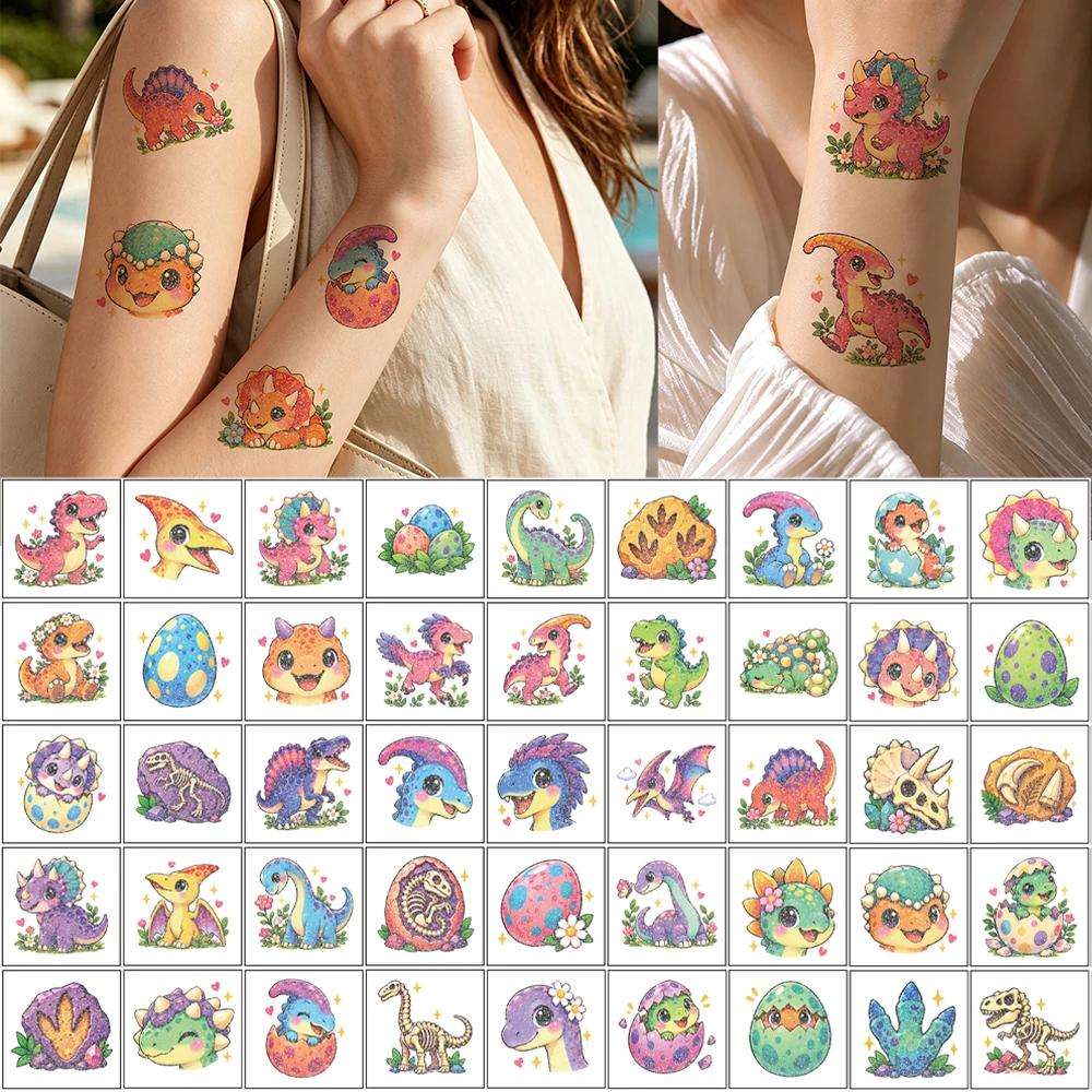 30pcs Glitter Dinosaur Temporary Tattoo Stickers Birthday Party Stickers Party Supplies Cartoon Fake Tattoo Body Tattoo Stickers