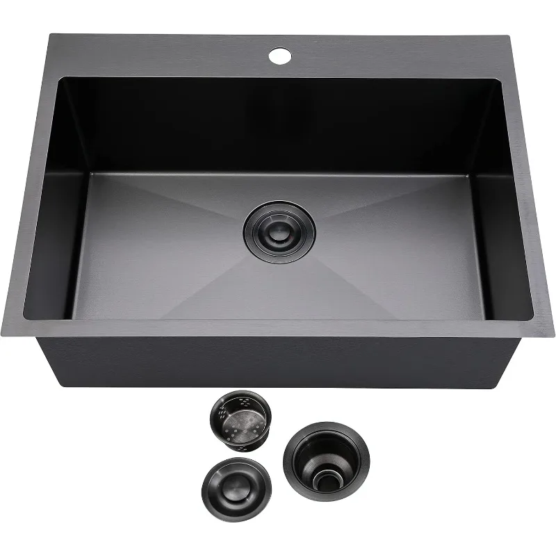 33 Inch Black Kitchen Sink Drop In, 33x22 Large Black Farmhouse Sink, Single Bowl Basin 16 Gauge