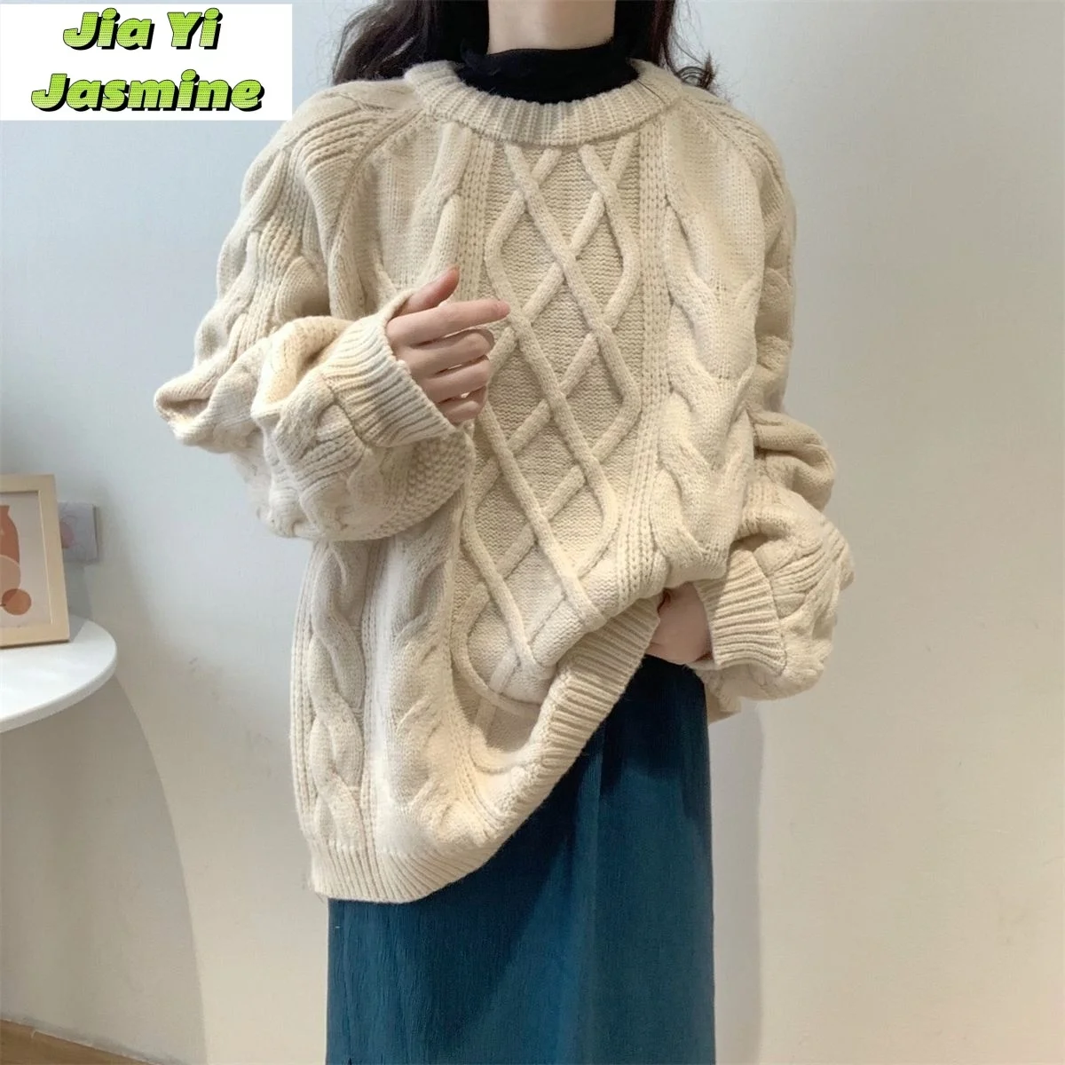 Autumn and Winter New Thickened Warm Fried Dough Twists Pullover Medium Length Large Version Sweater Women's College Style Loose