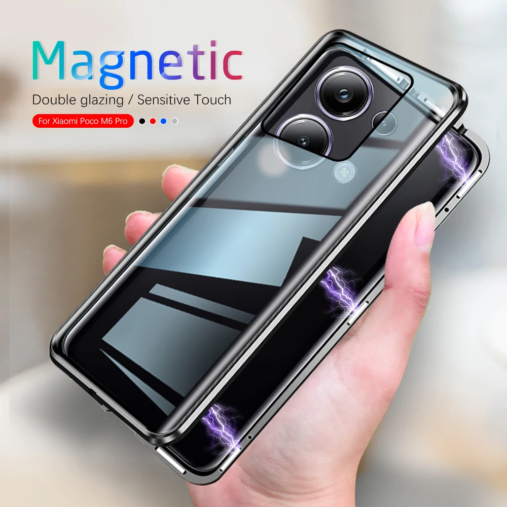 Magnetic Double Sides Tempered Glass Case For Xiaomi Poco M6 Pro M6pro 4G Metal Frame xiomi poko M 6 6pro poxoM6 Phone Shell