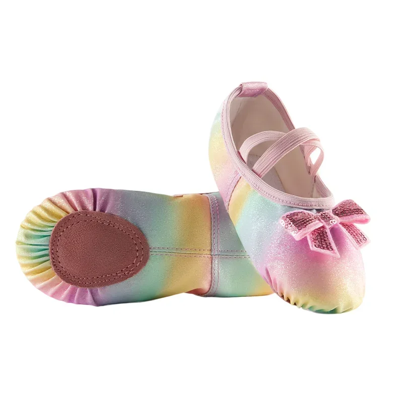 Kids Practice Shoes Flats Soft Lightweight  Elastic Laces Colorful Girl Ballet Shoes Glitter Split-Sole Dance Slippers Toddler