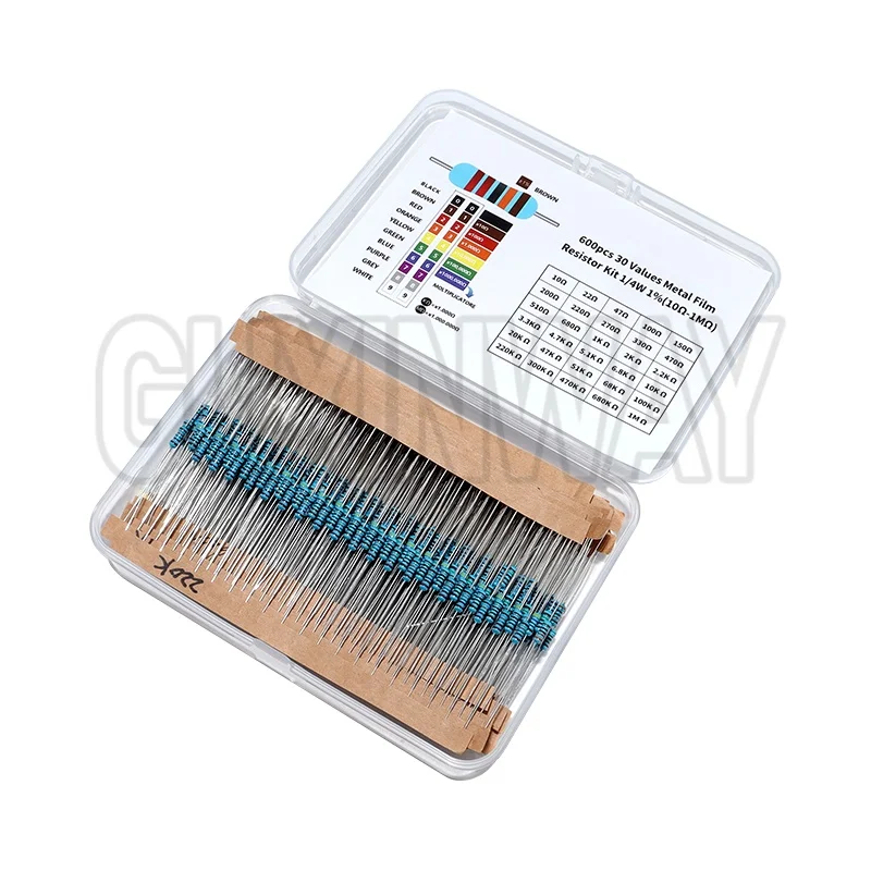 300/600 pièces 1/4W kit de résistance à Film métallique 1% 30 valeurs 0.25W Kit de résistances 10Ω ~ 1MΩ Kit électronique de résistance à anneau coloré
