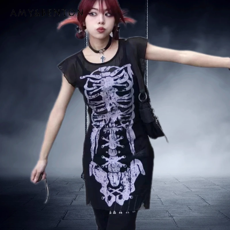 

Punk Dark Goth Print Perspective Women's Dress Original Design 2025 Autumn New Black Sweet Cool Sexy Slimming Dresses Ladies
