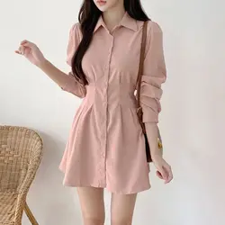 Korean Chic Fashon Slim Mini Long Sleeve Dress Women's 2025 Spring Autumn New Elegant Casual Polo Shirt Dresses Solid Clothing