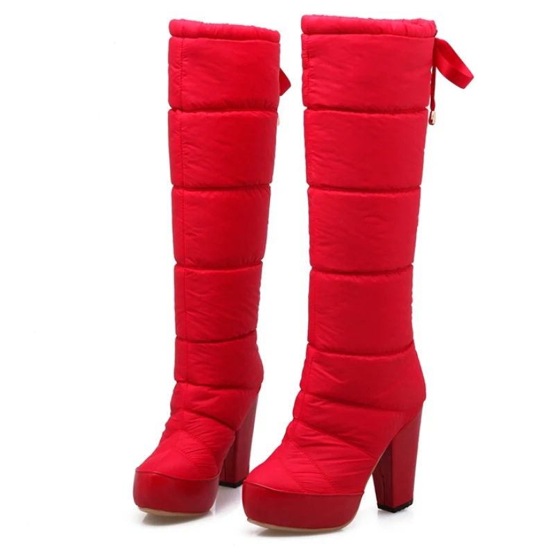 

Красные женские зимние сапоги на меху, 2025 г., теплая зимняя обувь, черные, синие сапоги до колена на пуху на каблуке и платформе, непромокаемая женская обувь