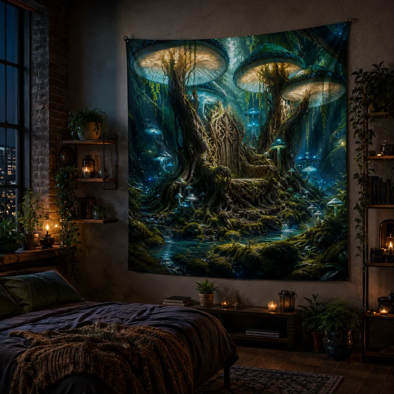 VIKAMA Brown Green Ancient Tree Root System Tunnel Tapestry Wrapping Giant Roots Cave Blue Stream Waterfall Room Decoration