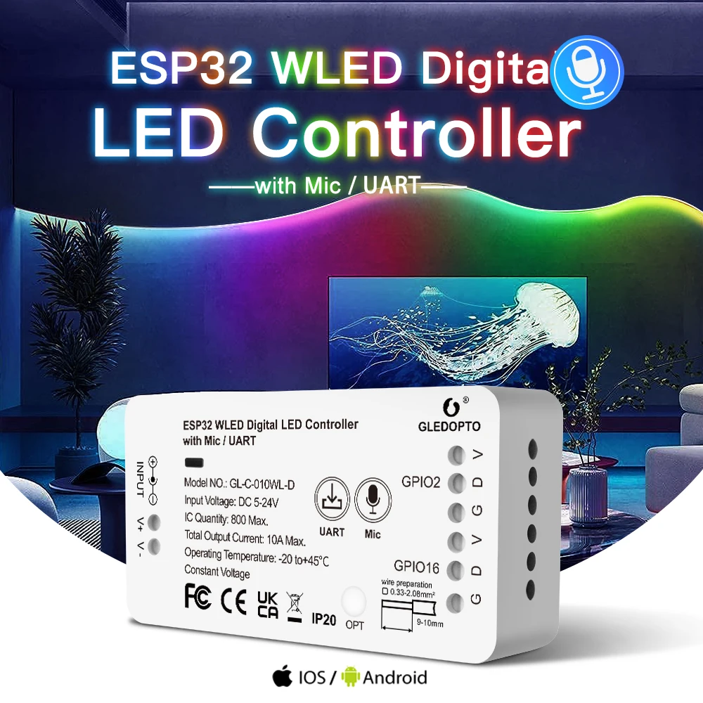 GLEDOPTO WLED ESP32 Mini RGB LED Strip Controller Digital IC with Microphone Sound Mode Music DC5V USB Dynamic WS2811 WS2812 etc