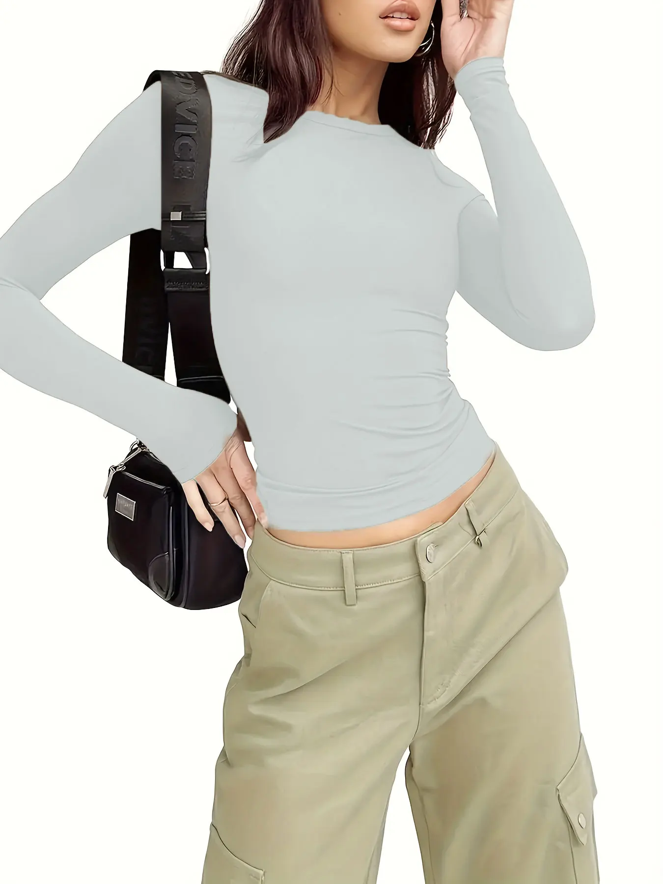 Damen-T-Shirt für Pendlerinnen, lässig, schlicht und modisch, einfarbig, mit langen Ärmeln – Detail 13