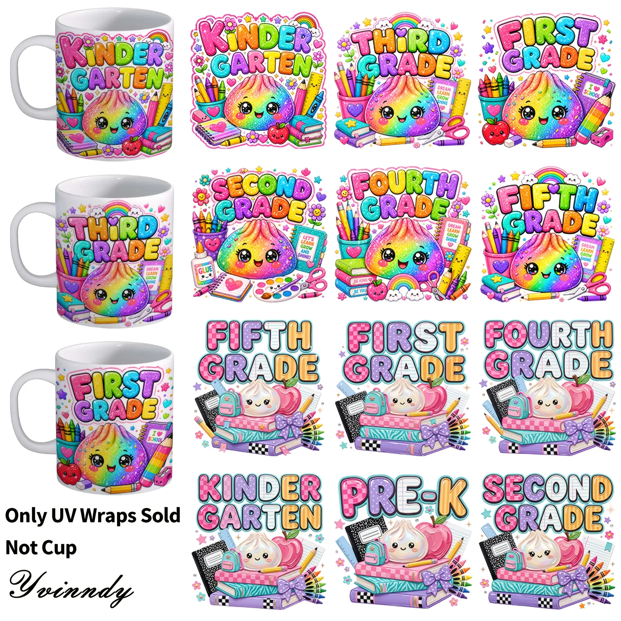 12PCS/SET Back-to-School Rainbow Poop Grade Edition DIY UV transfer stickers - suitable for DIY crafts mugs laptops