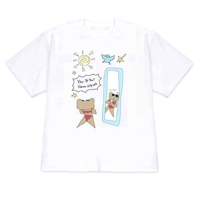 Kawaii Funny Mirror Bear Cartoon Graphic T-Shirt Women Cute Korean Style Comic Print Casual Soft Short Sleeve Top Free Shipping