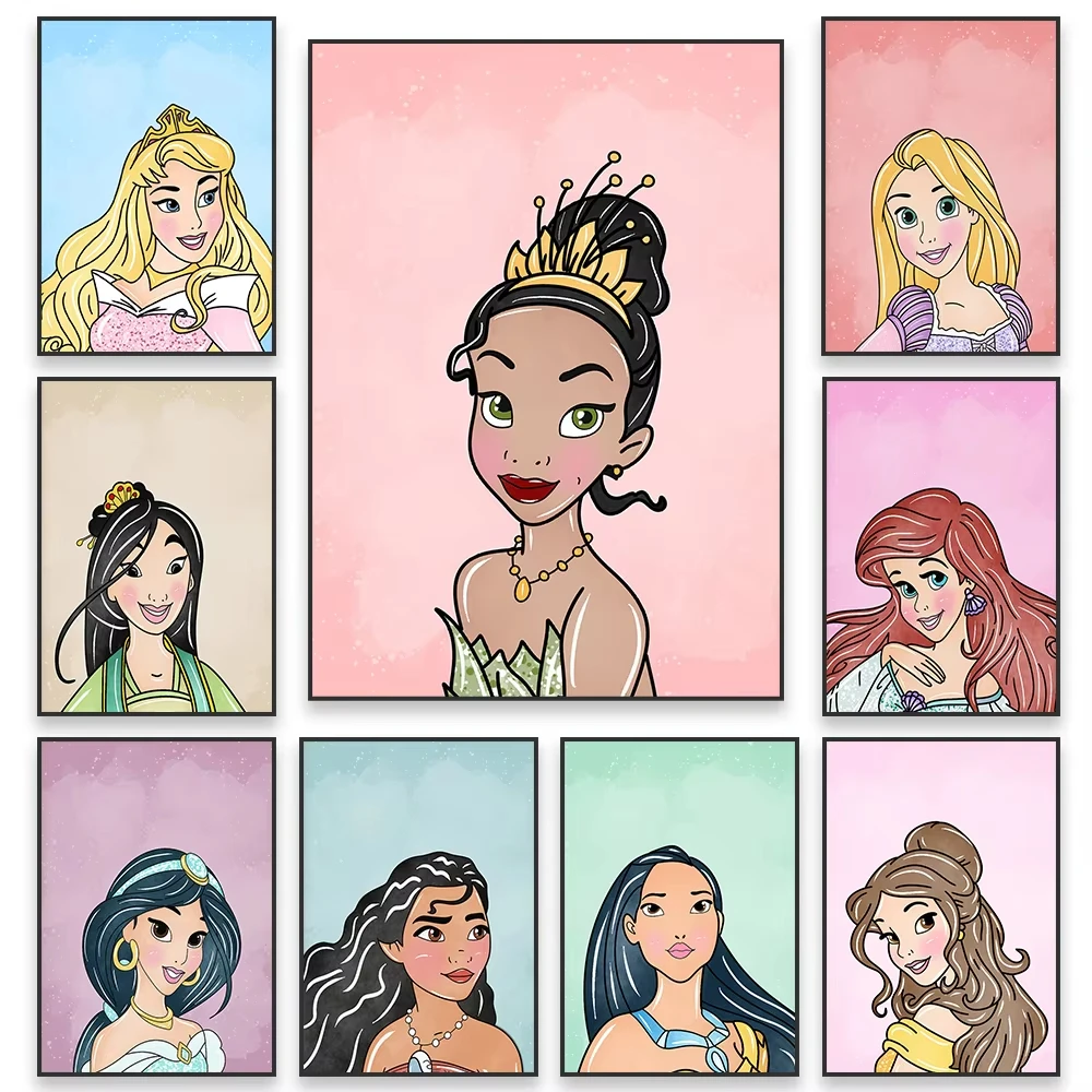 MINISO Disney Watercolor Princess Wall Art Poster Girl Bedroom Decor Prints Belle Tiana Rapunzel Poster Cartoon Canvas Painting