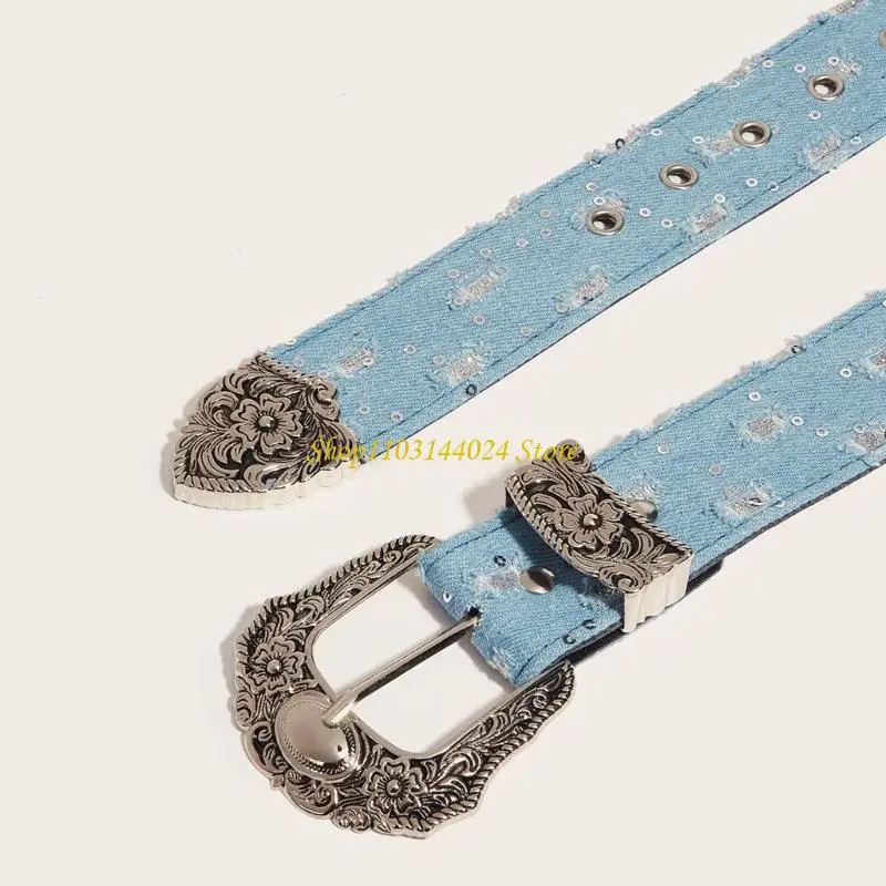 N5KE Women Distressed Belt for Dresses Female Waist Belt with Relief Flower Buckle