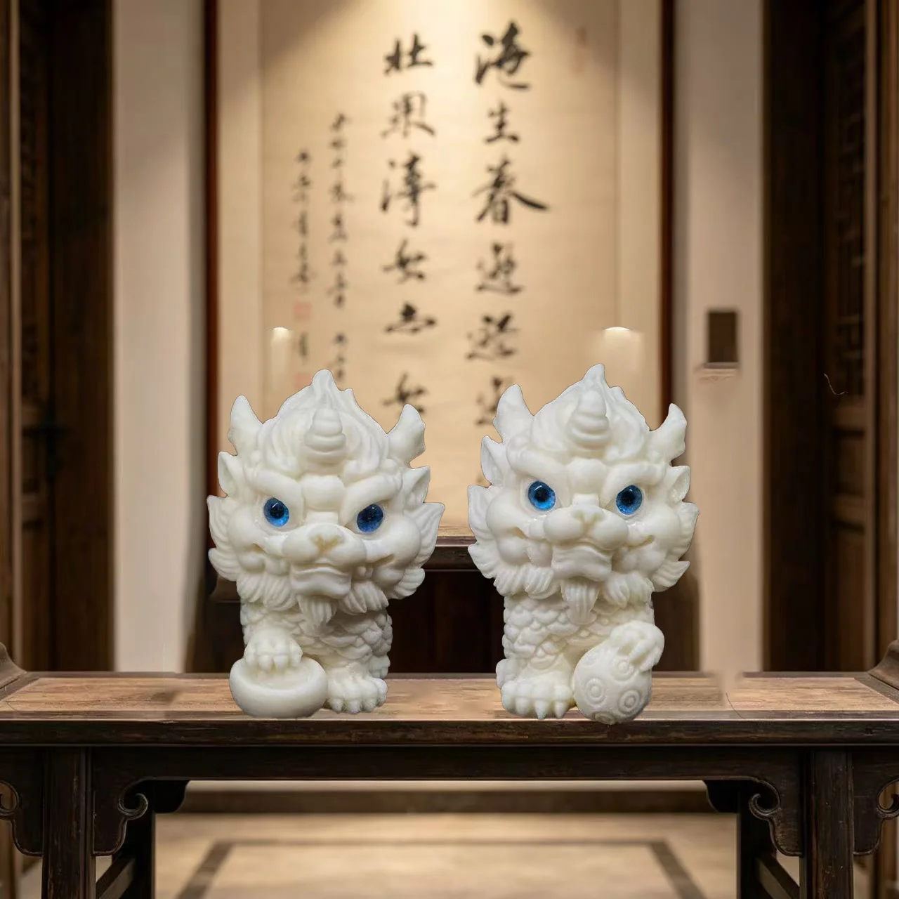 2Pcs Lucky Kylin Statues Feng Shui Ornaments Imitation Ivory for Home Office Car Decor Wealth Blessing Miniature Figurines Gift