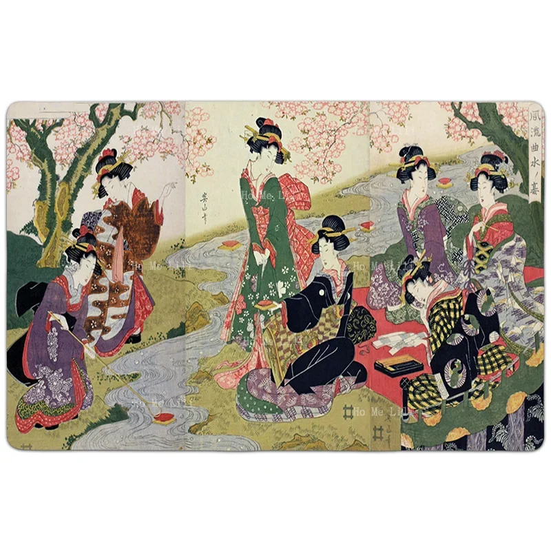 Ukiyo-e Wind And Water Banquet Kikukawa Ron Shan Non Slip Flannel Floor Rugs By Ho Me Lili