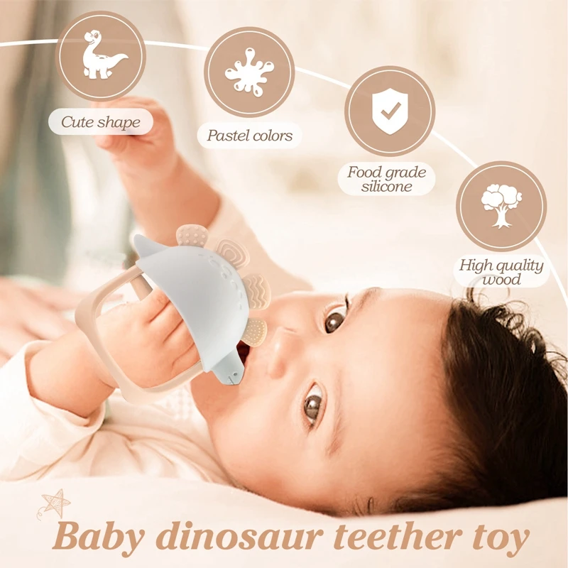 Mordedor de dinossauro de silicone para bebê recém-nascido, luvas, brinquedos anti-perdidos, material macio, para bebê de 0 a 12 meses