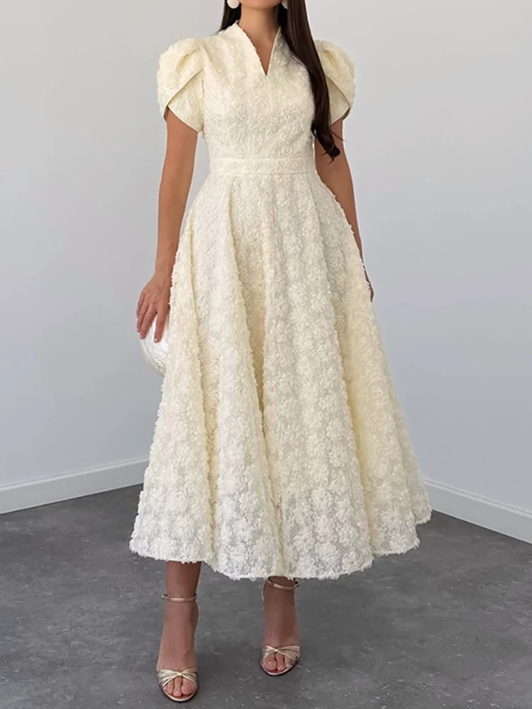 Fashion Jacquard Floral A‑Line Swing Long Dress Women V‑Neck Puff Short Sleeve Lace Maxi Dress Wedding Guest Party Evening Dress