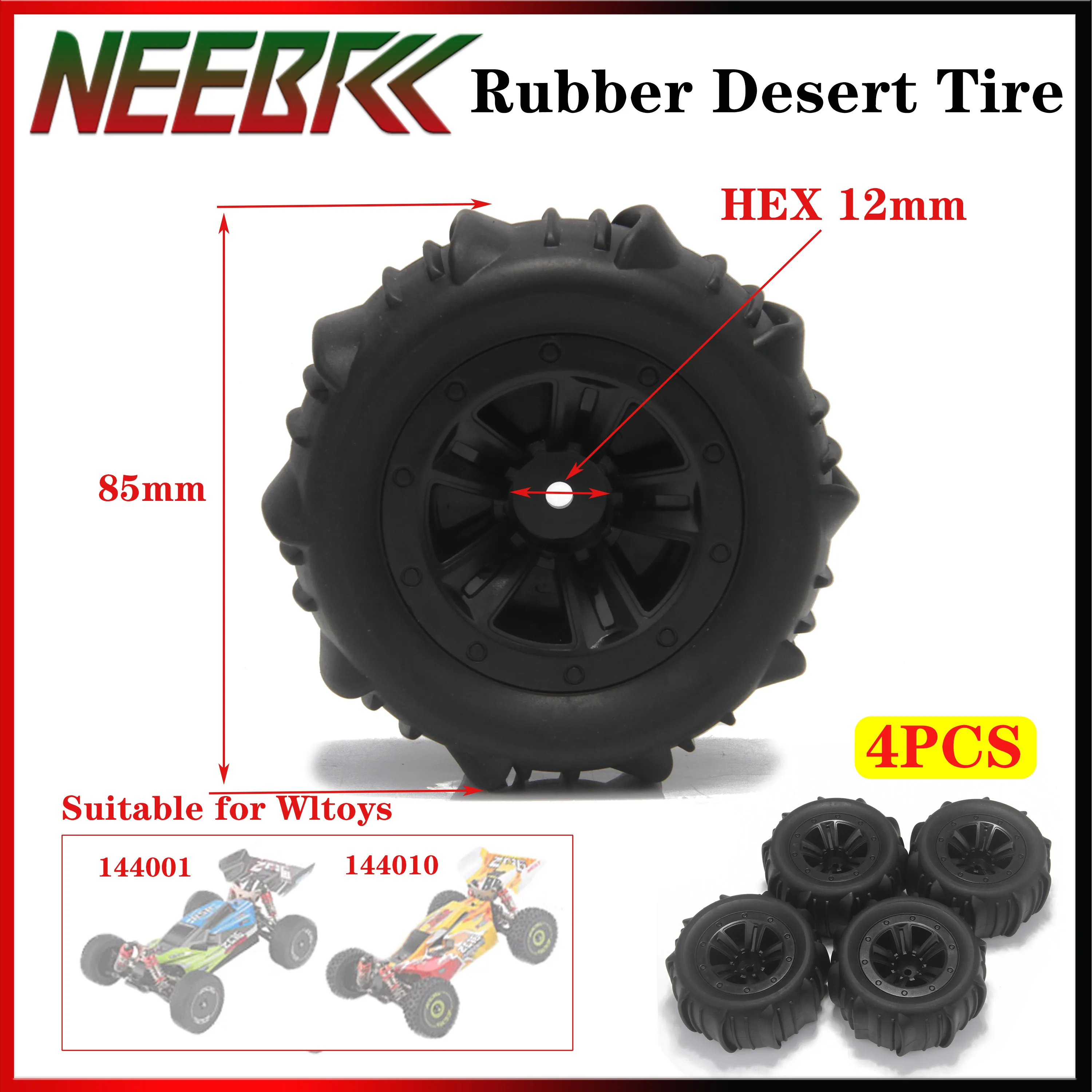 

4PCS 12mm Hex Wear Resistant Rubber Desert Tire 85mm Diameter for WLtoys 144001 144010 HBX 16889 16890 SCY 16101 Upgarde Parts