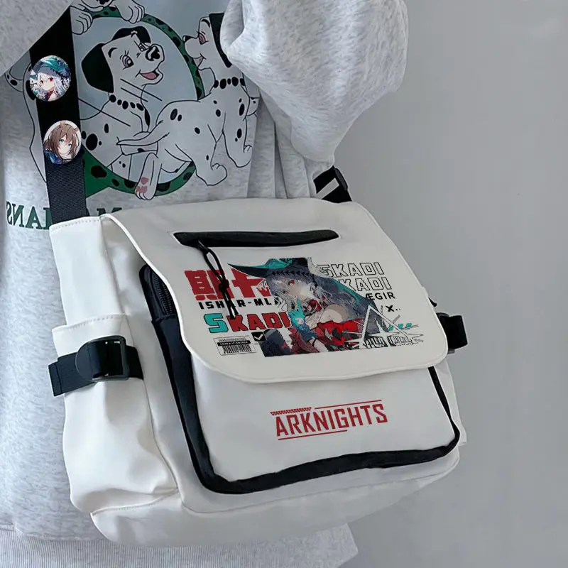 Anime Arknights Rhodeland Shoulder Bag with 6Pcs Badges and 2Pcs Pendants Black White Messenger Cartoon Zipper Crossbody Travel