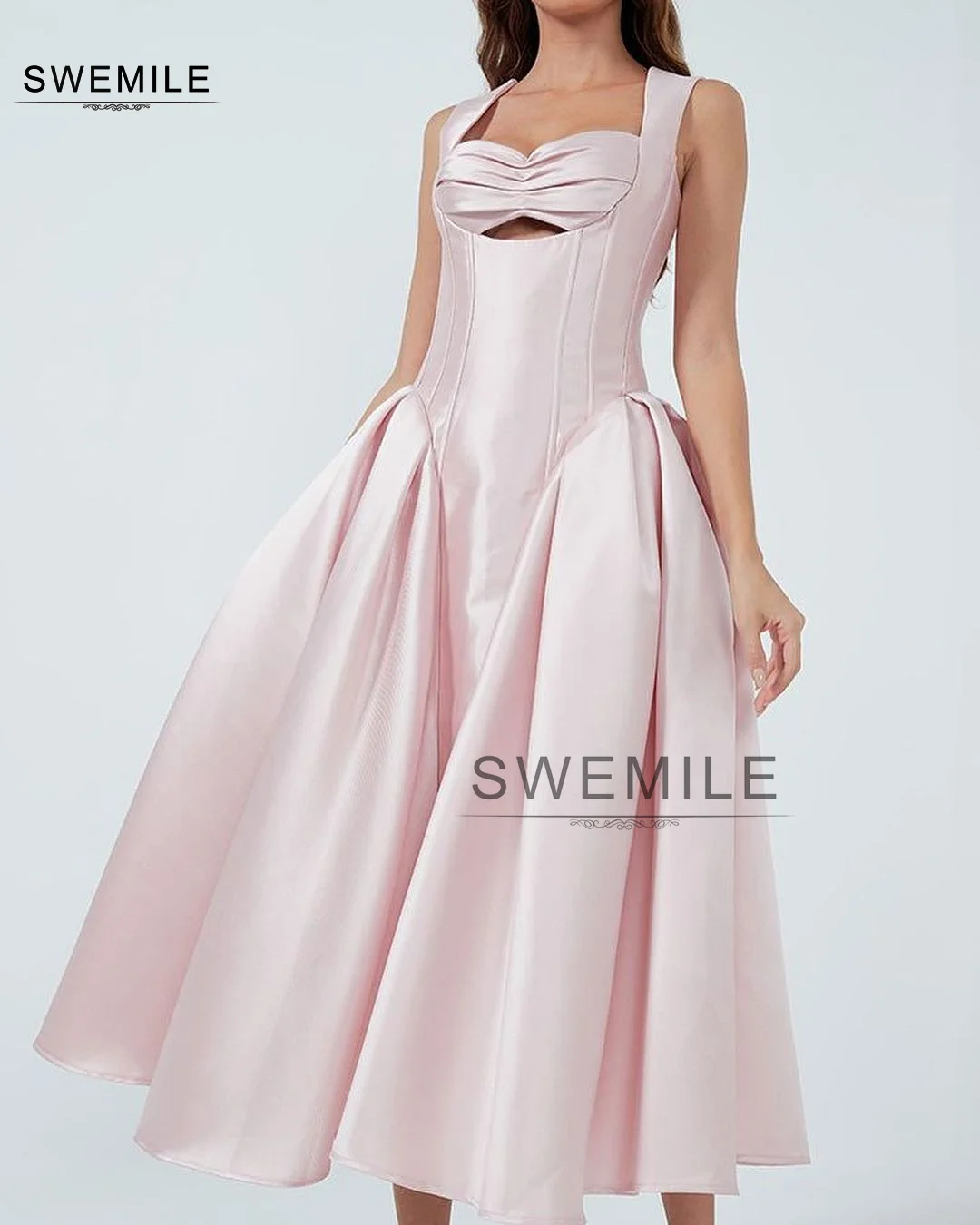 SWEMILE A-Line Square Neckline Ankle-Length Satin Hollow Out Wedding Party Dress Prom Dress Women فستان حفلات الزفاف