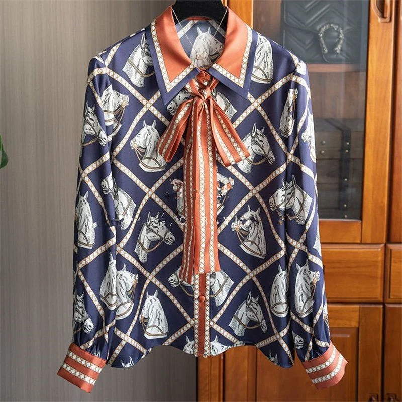 

2025 Autumn New Heavy Lapel Button Fashion Printed Ribbon Long Sleeve Design Shirt