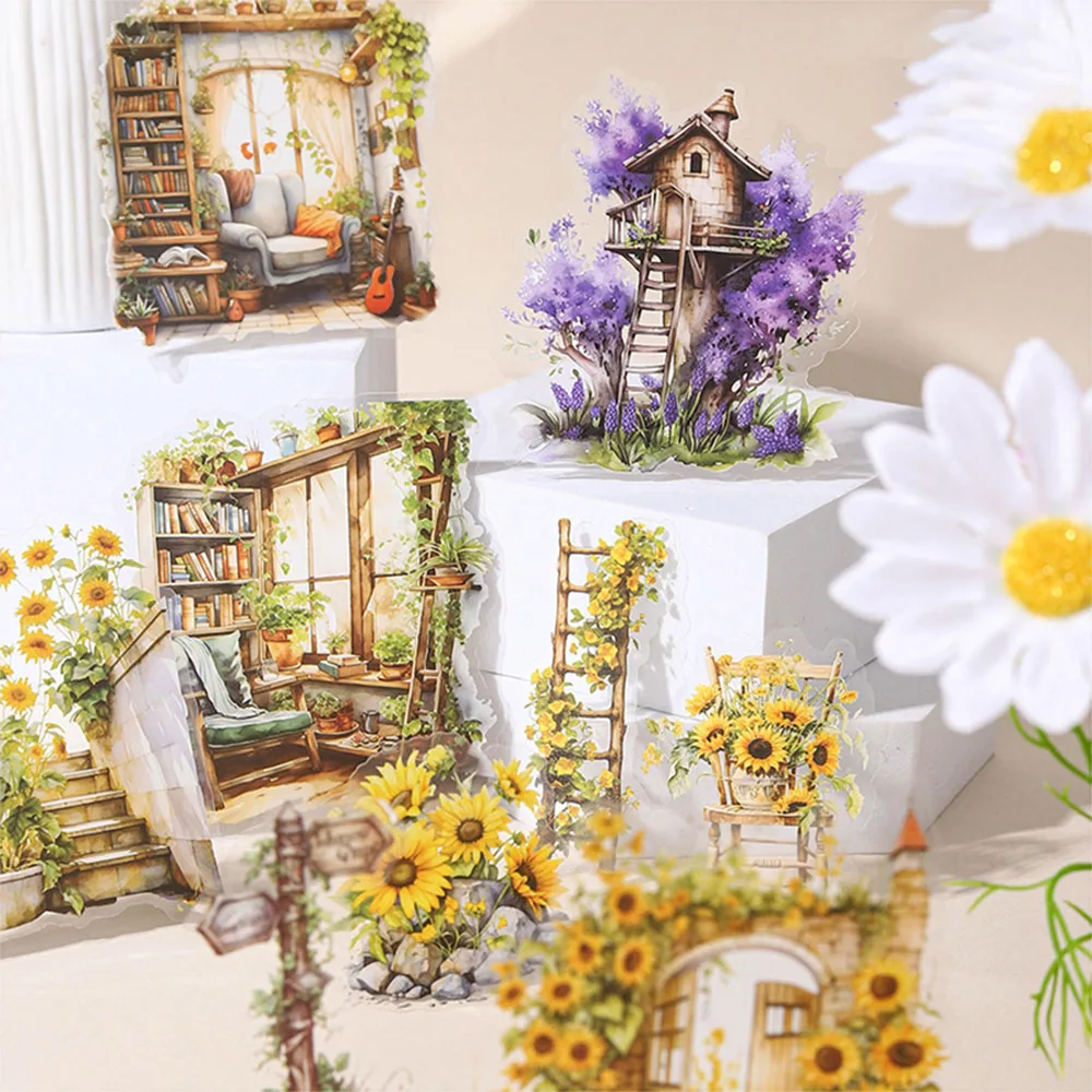 Juego de pegatinas de escena de jardín Retro, 180 Uds./6 paquetes, colores mezclados, pegatinas autoadhesivas reutilizables con acabado de microluz, adecuadas para