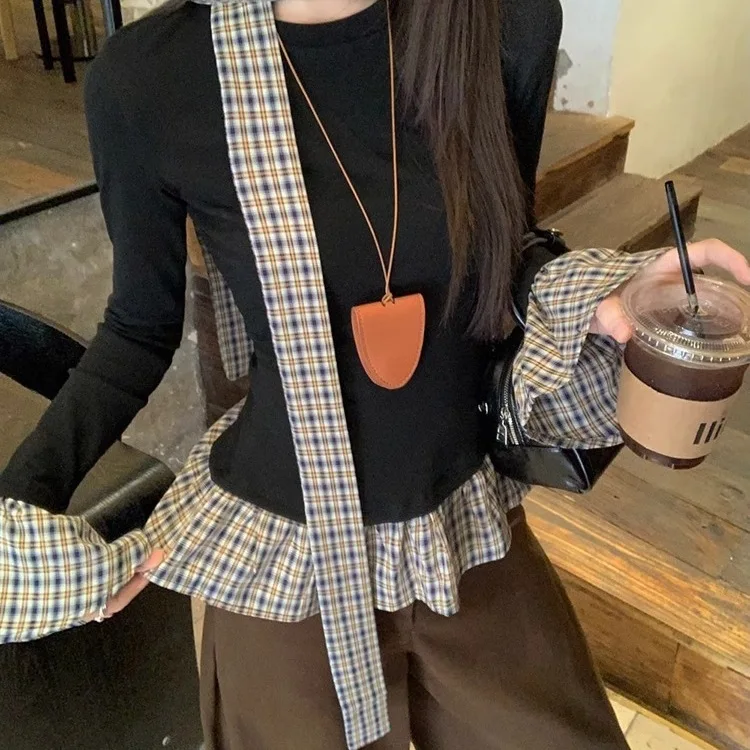 Two Plaid T-shirts Women's 2025 Spring New Slim-fitting Inner Slim Top