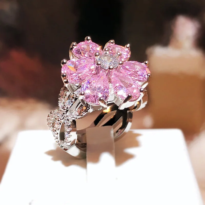 S925 Sterling Silver Selling Pink Flower Shape Sweet Fashion Ring Sparkling Full of Diamond Zircon Luxury Banquet Party Jewelry