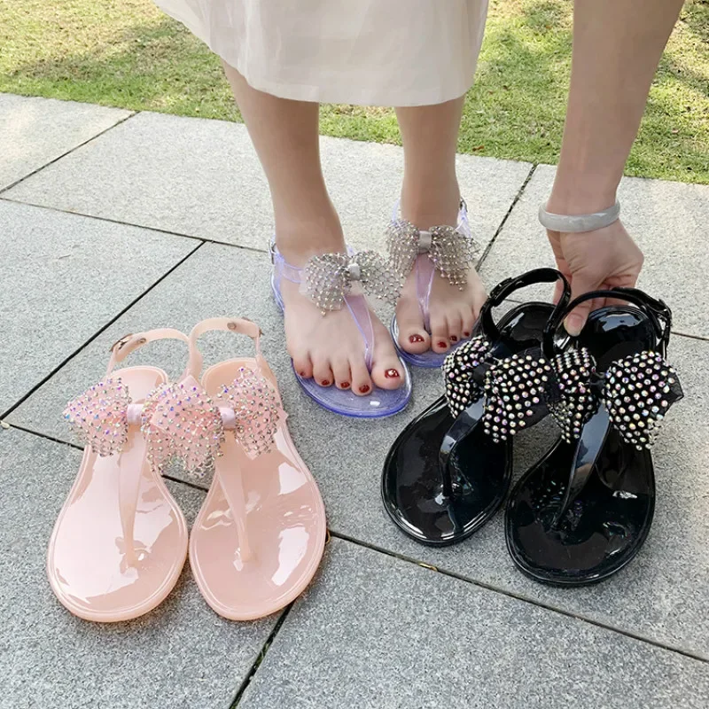 Women Sandals Rhinestones Bowknot Summer Shoes Woman Beach Flat Sandal Plus Size 39 41 Flip Flop Ladies Jelly Slippers Female