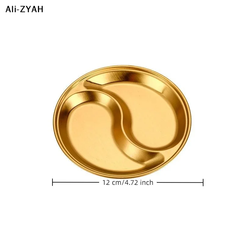 【Y】1Pc 2026 Stainless Steel Circular Divided Plate for Roast Meat Dipping Household Seasoning Snack Plate with Sauce Compartment