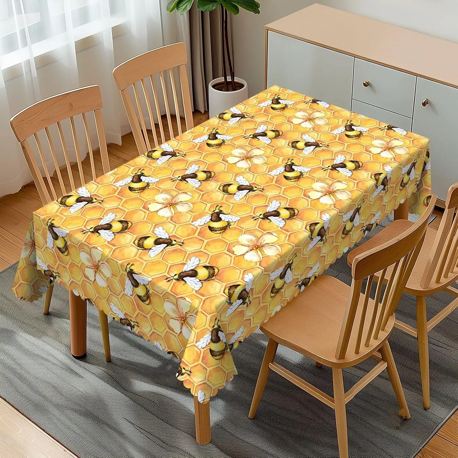 Yellow Honeycomb Bees Tablecloth Cover for Kitchen Dining Room Decor Table Napkin Party Home Decoration Accent