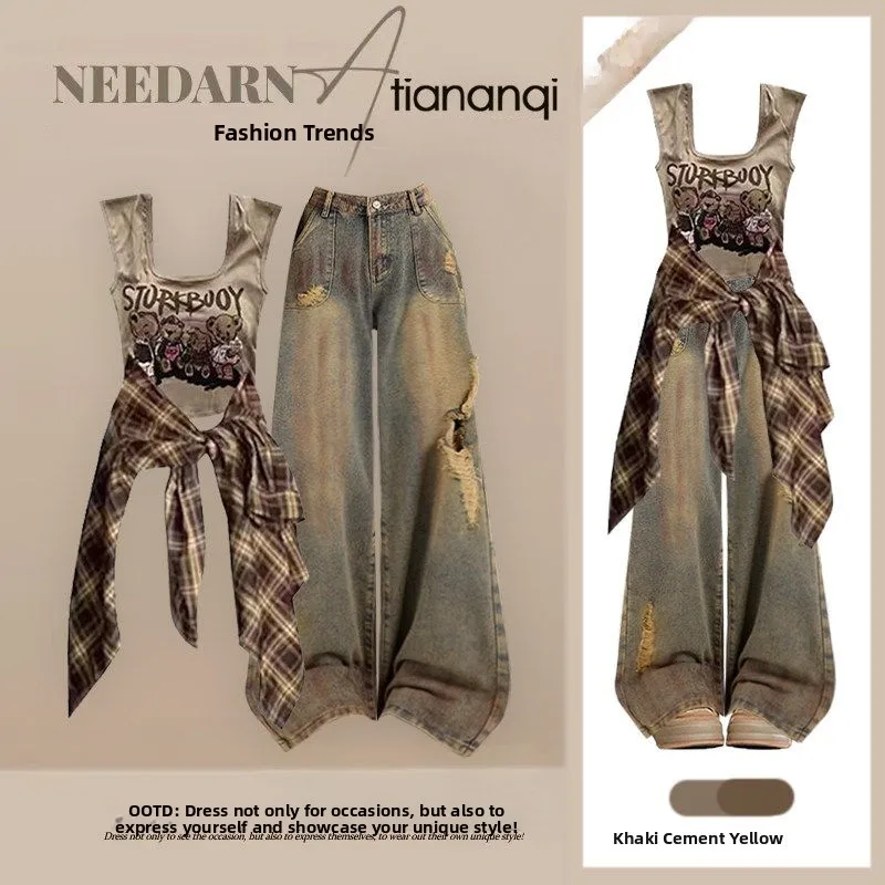 

Women's Vintage Plaid Shirt Vest Set Spring Summer Denim Hole Wide Leg Jeans Three Piece Set Casual Style Long Sleeve Shirt