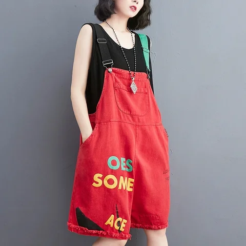 Large Size Letter Printed Jeans Jumpsuit Women New Summer Korean Loose Casual Rompers Wide Leg Denim Short Pants Overalls Pants