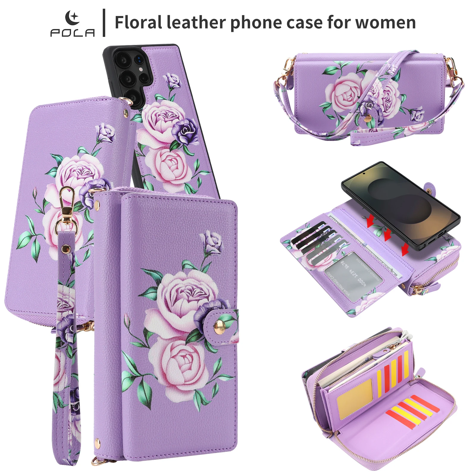 

Crossbody Multifunctional Floral Print Leather Phone Case For Samsung S26 Ultra S25 S24 Plus S23 Shockproof For Magsafe Cover