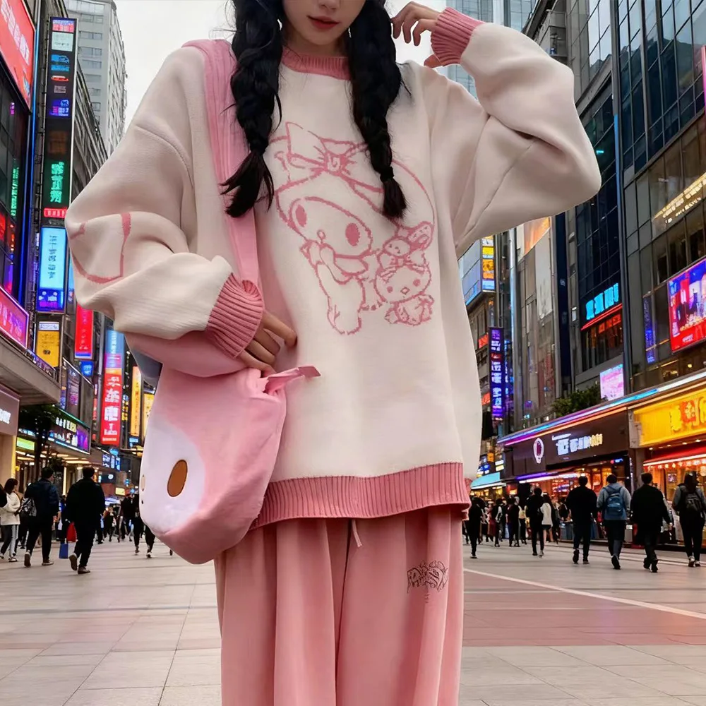 

Autumn Winter Cinnamoroll Melody Soft Plush Cute Sweater Print Female Trendy Sweet Y2K Girls Pullovers Versatile Knitted Tops