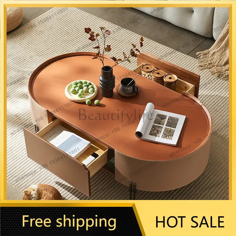 LD Italian minimalist saddle leather coffee table light luxury leather solid wood round coffee table