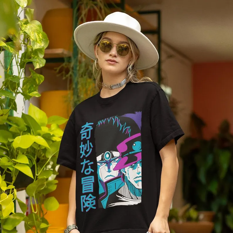 Camiseta unissex Anime Stand Fighter – Estilo mangá retrô dos anos 90, vestuário de batalha japonês icônico, presente exclusivo para Otaku, anime vintage