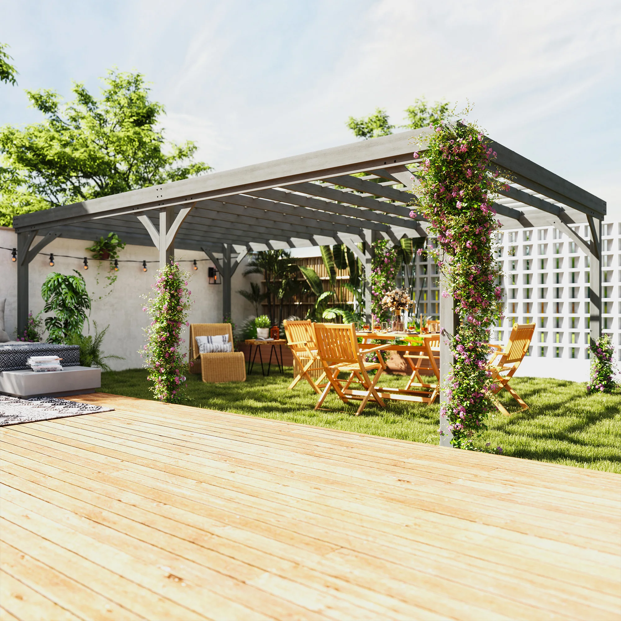 12' x 20' Outdoor Wooden Pergola, Grape Vine Gazebo with Concrete Anchors for Garden, Patio, Backyard, Deck, Gray view 2